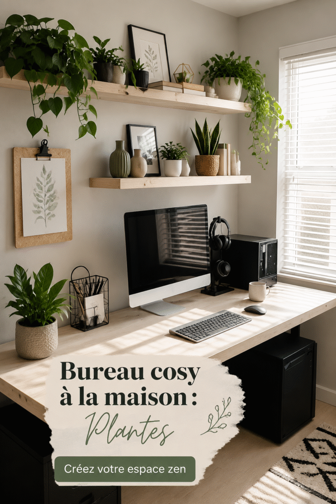 Un bureau à domicile inspiré par la nature avec des plantes et un éclairage chaleureux