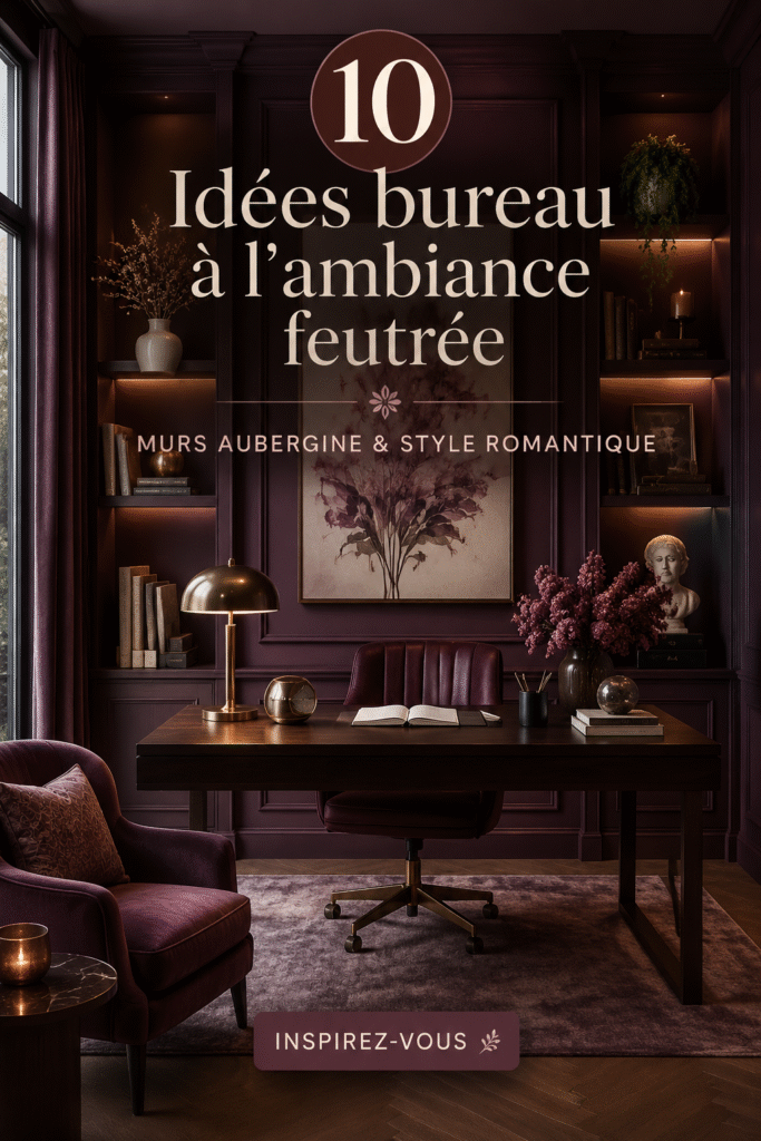 Un bureau moderne avec des murs aubergine et un design romantique