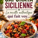 Caponata sicilienne servie dans un bol, avec des légumes colorés et un filet d'huile d'olive.