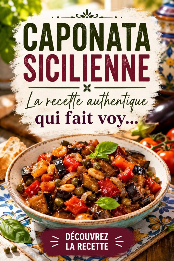Caponata sicilienne servie dans un bol, avec des légumes colorés et un filet d'huile d'olive.