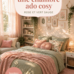 Transformation d'une chambre adolescente en rose et vert sauge, montrant un espace apaisant et chaleureux.