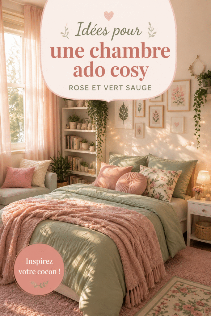Transformation d'une chambre adolescente en rose et vert sauge, montrant un espace apaisant et chaleureux.