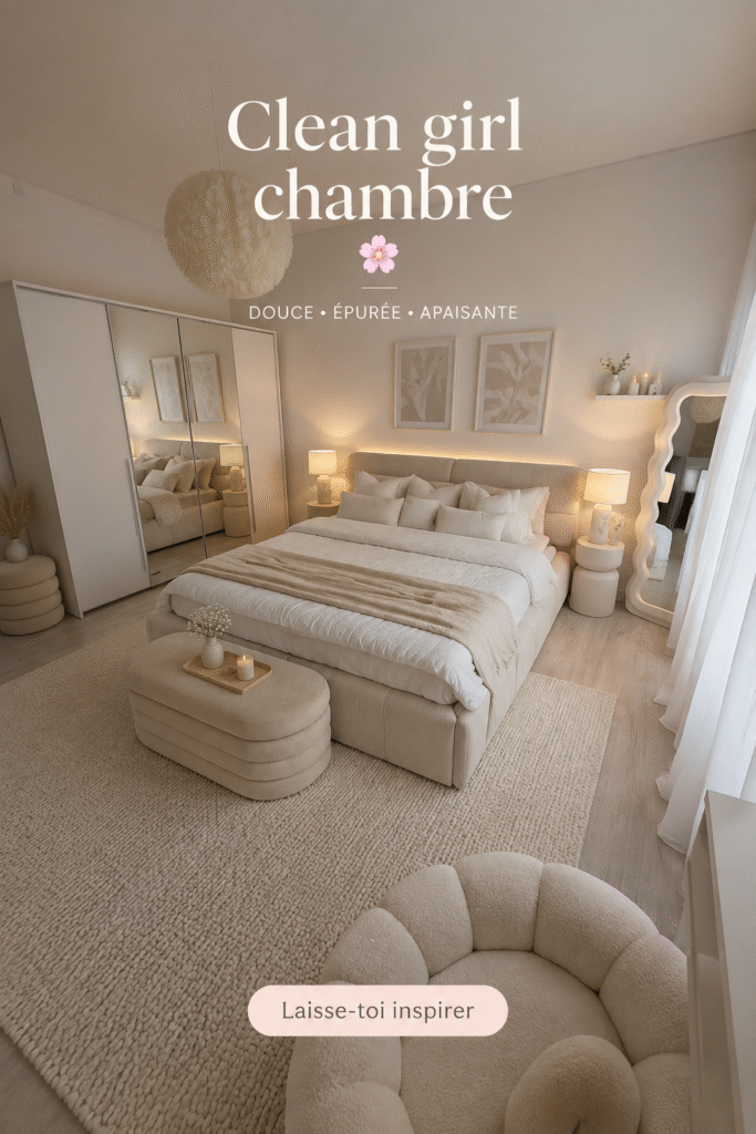Chambre élégante et minimaliste avec des couleurs douces et des meubles fonctionnels.