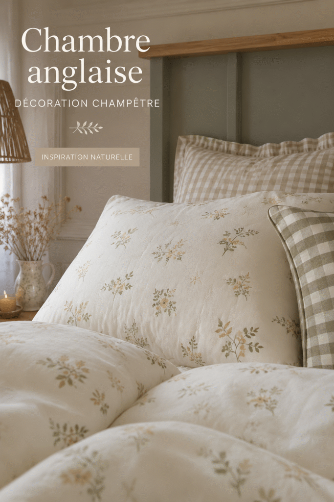Chambre décorée dans un style anglais avec des éléments champêtres et chaleureux.