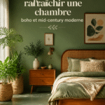 Chambre moderne avec décoration boho et cozy.