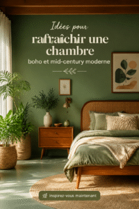 Chambre moderne avec décoration boho et cozy.