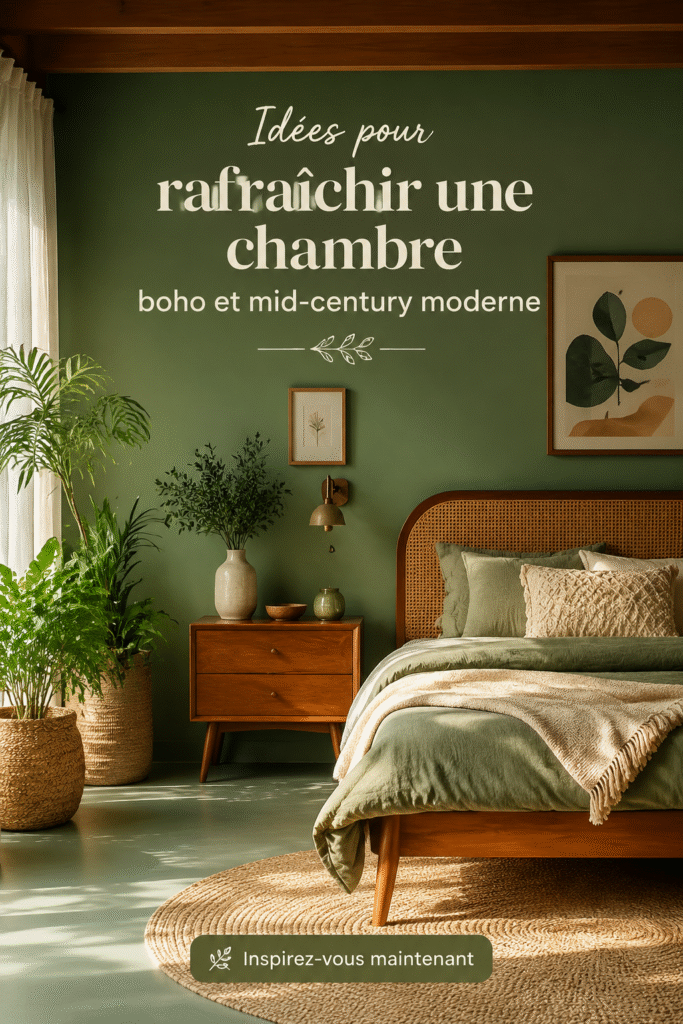 Chambre moderne avec décoration boho et cozy.