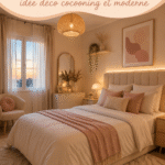 Chambre décorée en beige et rose poudré, ambiance cocooning moderne