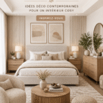 Chambre moderne avec des couleurs neutres et un décor chaleureux.