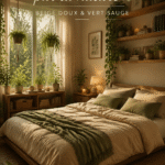 Chambre décorée en beige et vert sauge, ambiance cosy et apaisante.