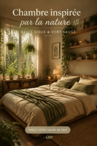 Chambre décorée en beige et vert sauge, ambiance cosy et apaisante.