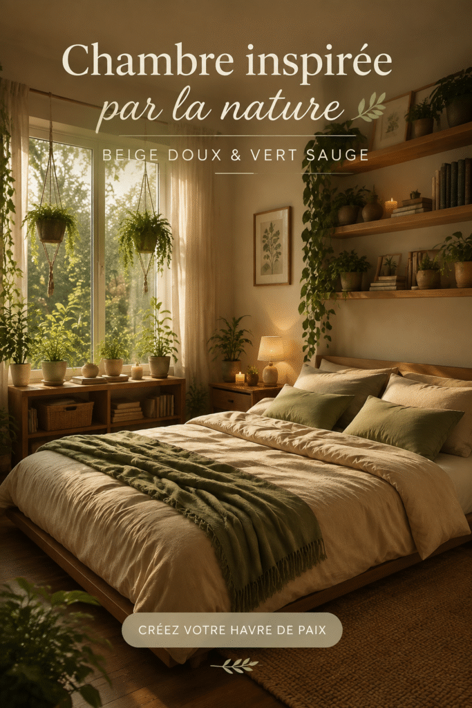 Chambre décorée en beige et vert sauge, ambiance cosy et apaisante.