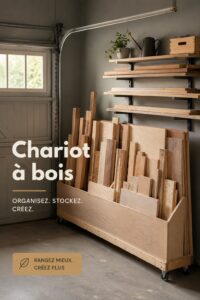 Chariot en bois roulant conçu pour le camping avec ustensiles de cuisine disposés à l'intérieur.