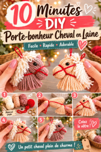 Charm en laine en forme de cheval sur un fond coloré, réalisé en 10 minutes.
