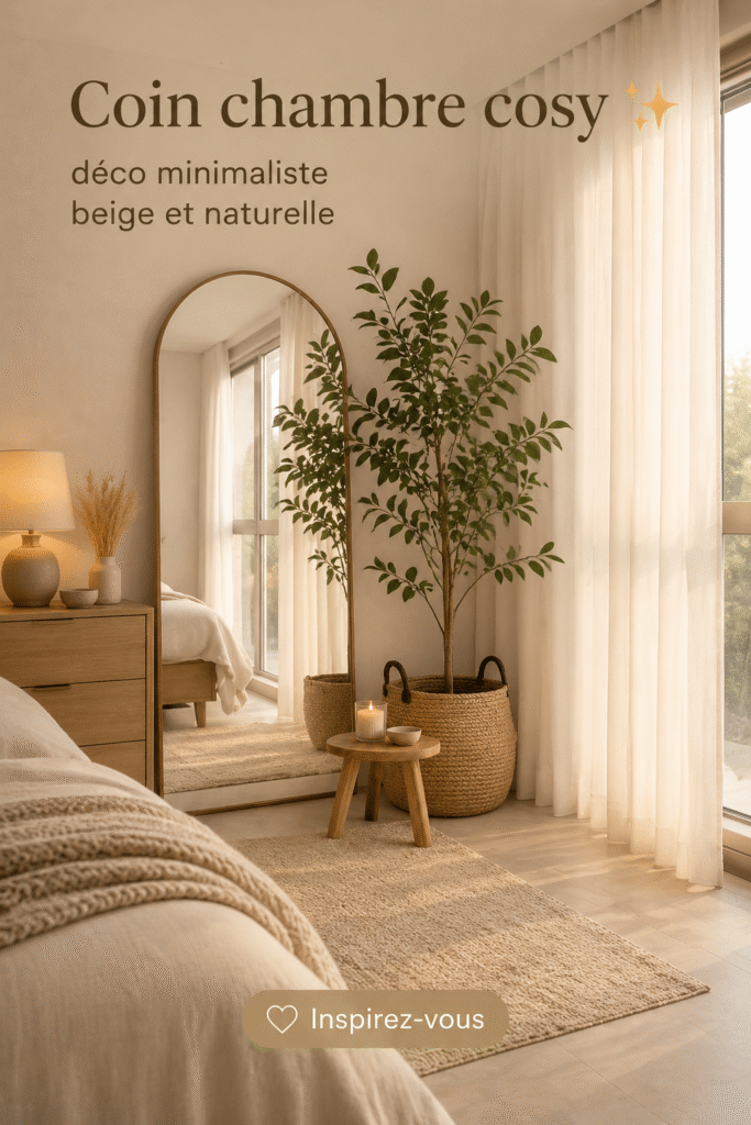 Chambre cosy décorée en beige minimaliste avec éclairage doux