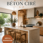 Cuisine moderne avec accents en bois et béton ciré, créant une atmosphère chaleureuse