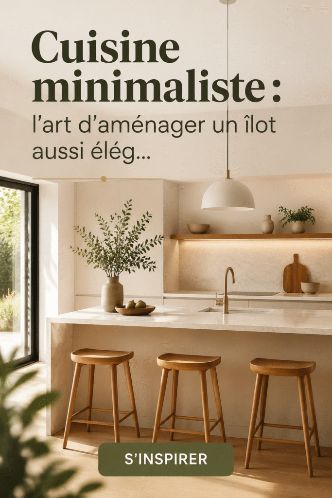 Îlot de cuisine minimaliste en bois clair avec des tabourets modernes.