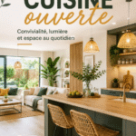 Cuisine ouverte moderne avec îlot central et éclairage naturel