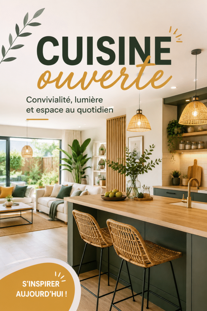 Cuisine ouverte moderne avec îlot central et éclairage naturel