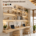 Un bureau à domicile aménagé avec goût, mélangeant espace de travail et décoration chaleureuse.