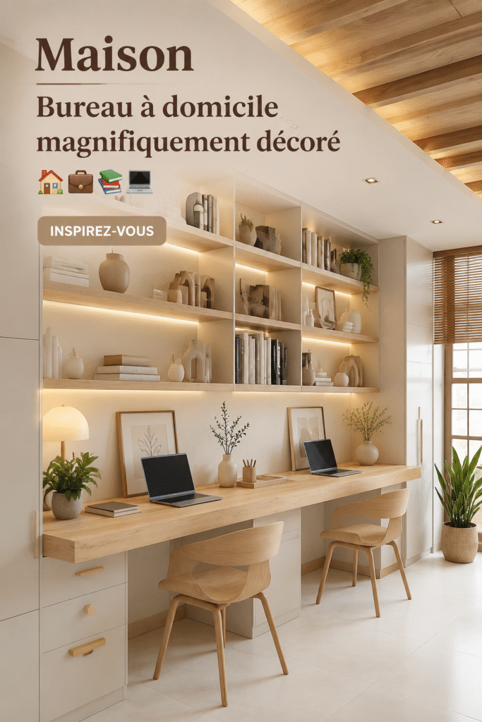 Un bureau à domicile aménagé avec goût, mélangeant espace de travail et décoration chaleureuse.