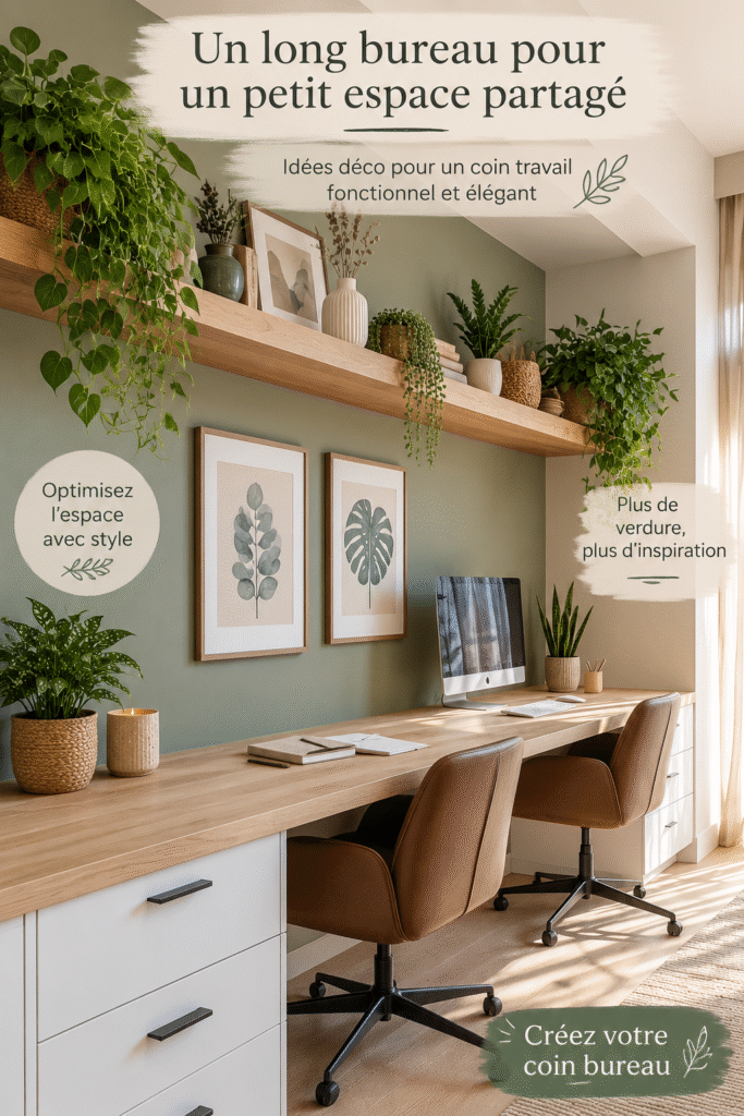 Un bureau décoré avec des plantes et des accessoires élégants pour un espace de travail chaleureux.