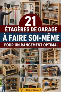 Etagère DIY en bois dans un garage bien organisé, idéale pour le rangement.