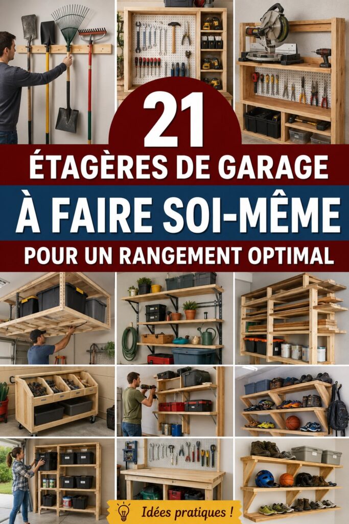Etagère DIY en bois dans un garage bien organisé, idéale pour le rangement.