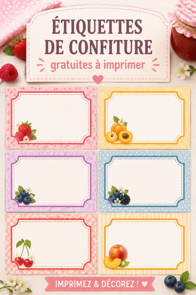 Étiquettes de confiture colorées sur des pots en verre ornés de fruits.