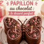 Gâteau d'anniversaire en forme de papillon au chocolat décoré avec des fleurs comestibles.