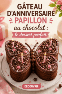 Gâteau d'anniversaire en forme de papillon au chocolat décoré avec des fleurs comestibles.