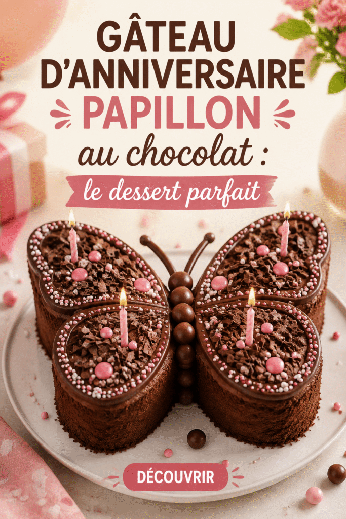 Gâteau d'anniversaire en forme de papillon au chocolat décoré avec des fleurs comestibles.