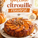 Gâteau citrouille renversé présenté sur une table de camping.