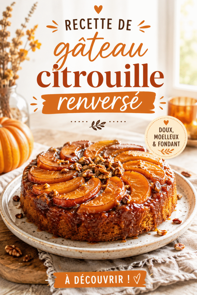 Gâteau citrouille renversé présenté sur une table de camping.