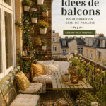 Un balcon aménagé avec des plantes vertes et un coin détente confortable.