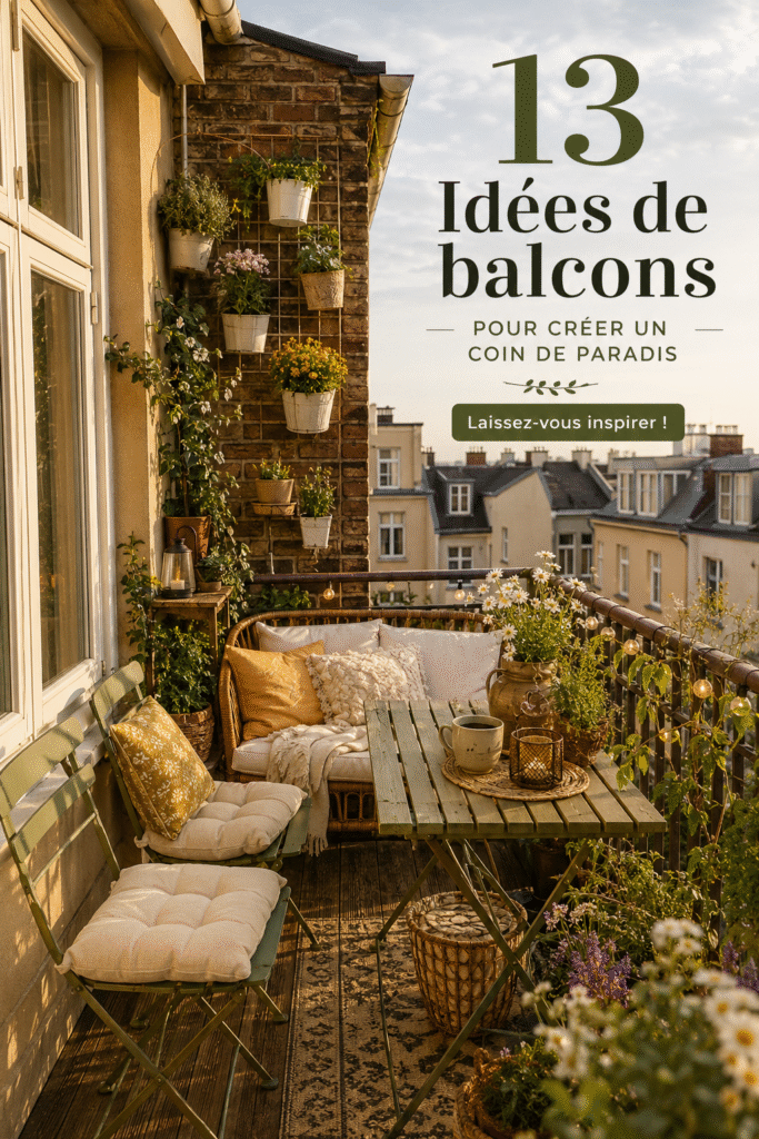 Un balcon aménagé avec des plantes vertes et un coin détente confortable.