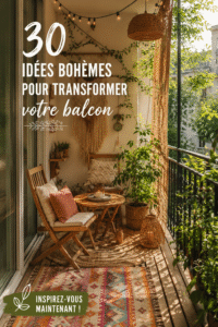 Balcon décoré dans un style boho avec des coussins colorés et des plantes