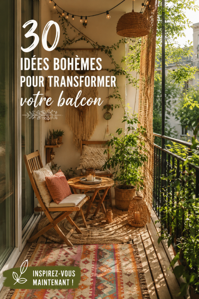 Balcon décoré dans un style boho avec des coussins colorés et des plantes