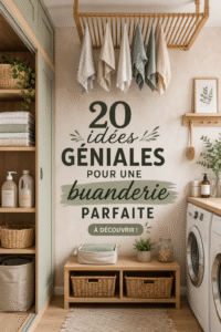 Une buanderie bien organisée avec des rangements pratiques et esthétiques.