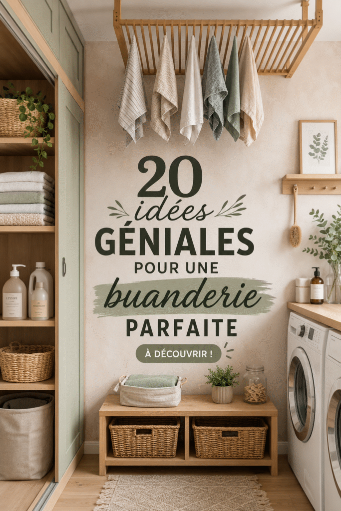 Une buanderie bien organisée avec des rangements pratiques et esthétiques.