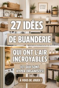 Une buanderie moderne et bien organisée avec des étagères et des paniers