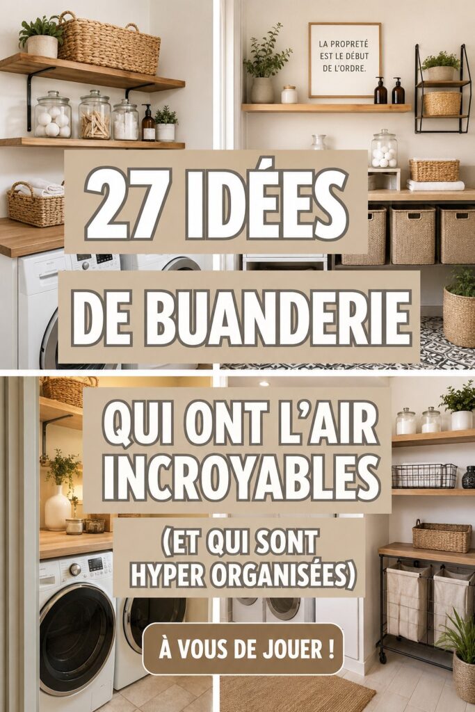 Une buanderie moderne et bien organisée avec des étagères et des paniers