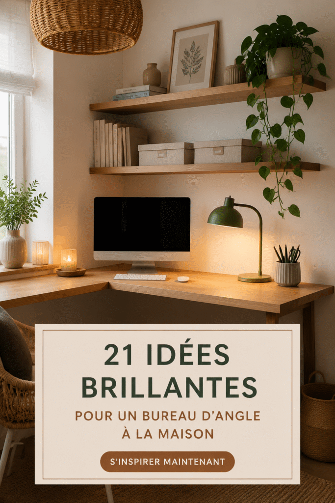Un bureau d'angle moderne avec un aménagement cosy et pratique, idéal pour le télétravail.