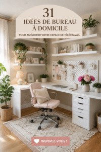 Espace de bureau à domicile bien aménagé avec plantes et décorations inspirantes.