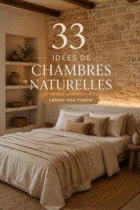 Chambre au design naturel avec des teintes terreuses et des matériaux en bois.