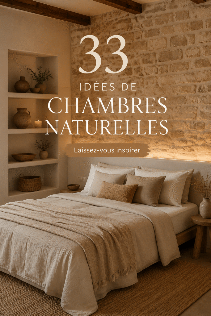 Chambre au design naturel avec des teintes terreuses et des matériaux en bois.