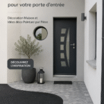 Porte d'entrée décorée avec des plantes et un éclairage chaleureux.