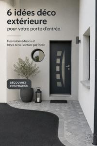 Porte d'entrée décorée avec des plantes et un éclairage chaleureux.