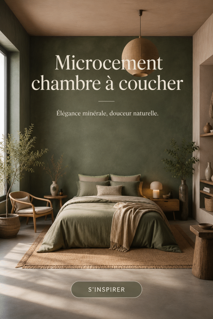 Chambre moderne avec revêtement en microciment, décor épuré et élégant.