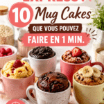 Assiette de mug cakes variés sur une table de camping, décorée de bois et de verdure.